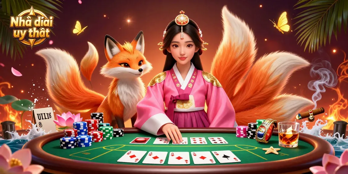 Engaging scene showcasing Nhà cái uy tín with an elegant Asian woman and a lucky fox at a poker table.