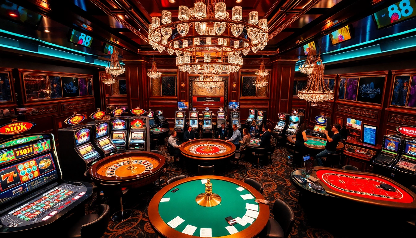 Excited players at a luxurious casino engaging in games like poker and roulette inspired by jun 88.