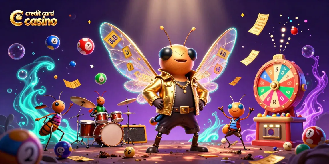 Experience the thrill of a credit card casino with 3D cartoon rock star characters and casino elements.