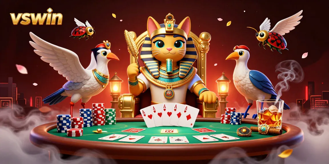 Engage with vswin through vibrant poker action featuring a pharaoh cat and its scribe.
