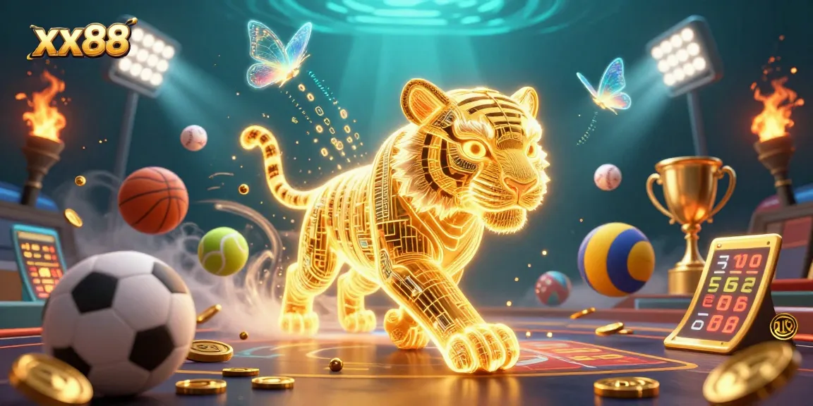 Experience thrilling gameplay at xx88 with a 3D golden tiger amidst a vibrant digital casino.