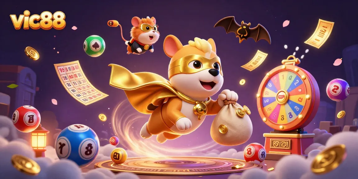 Experience big wins with vic88 as a superhero dog brings luck in a vibrant casino landscape!