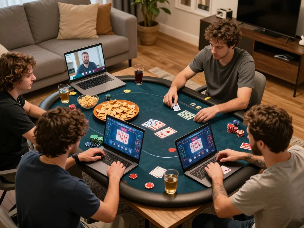 Players enjoying an online poker game through 888bgo interface during cozy home gathering.