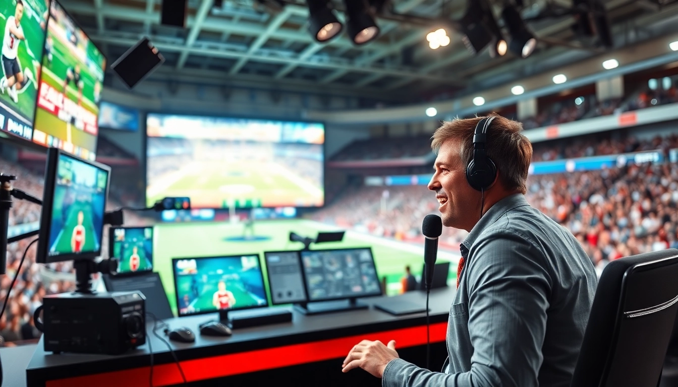 Engaging sports broadcasting setup highlighting a passionate announcer amid live game feeds.