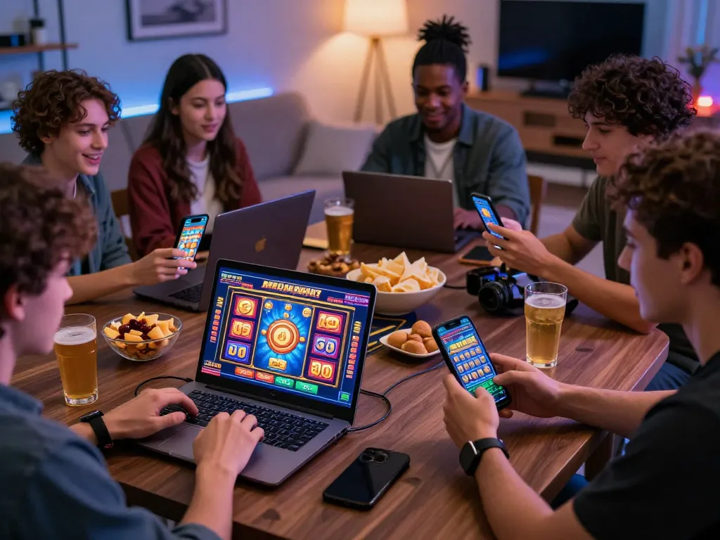 Engaged players enjoying AU88's online gaming experience with vibrant graphics and snacks.