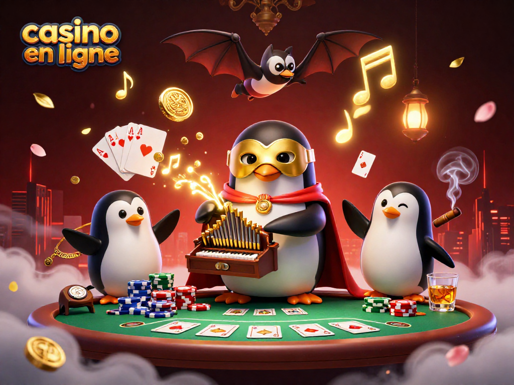 Jouez au casino en ligne avec un pingouin fantôme orchestrant une scène animée de poker.