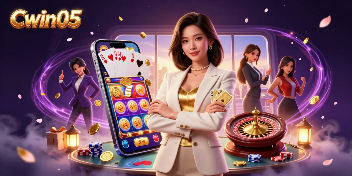 Cwin05 showcases an elegant woman holding golden cards amidst vibrant casino elements, enticing players.