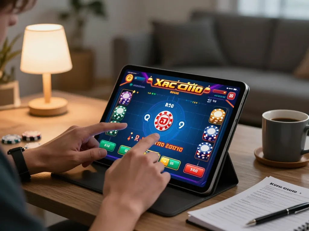 Engaged player immersed in xóc đĩa online strategy while using a tablet in a cozy home setting