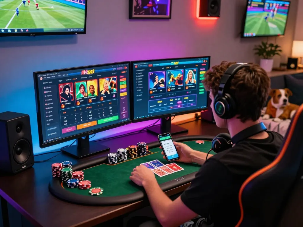 Rikbet online gaming experience with vibrant monitors and gaming setup.