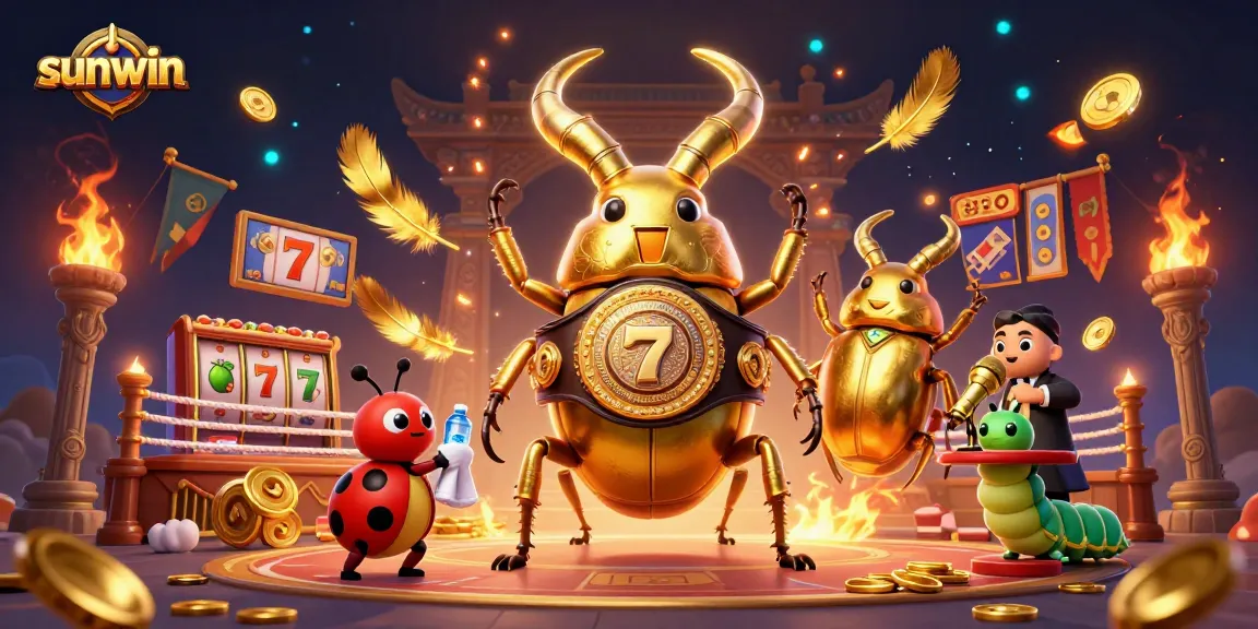Engage with sunwin’s thrilling casino world through a vivid 3D art scene showcasing a boxing beetle and game symbols.