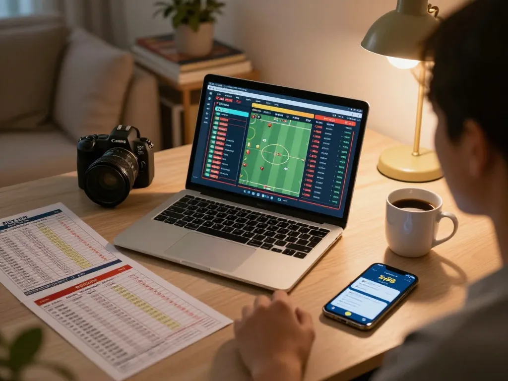 Person analyzing sports odds with Nhà cái Sky88 app on laptop in cozy home setting.