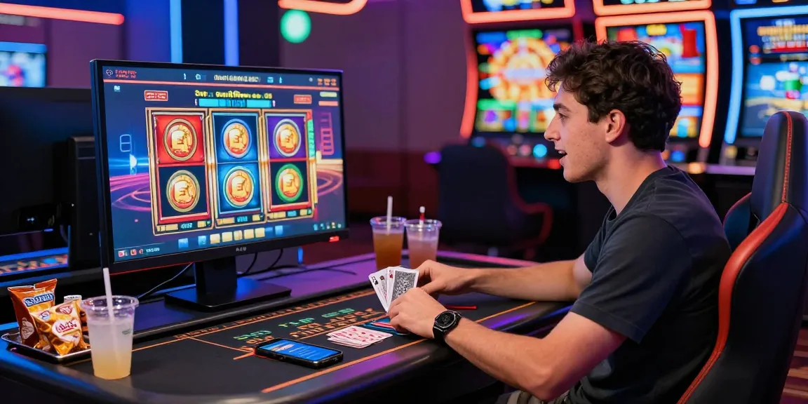 Excited player engaging in credit card casinos with live slots and dealer gameplay, showcasing vibrant neon lights and digital gaming environment.