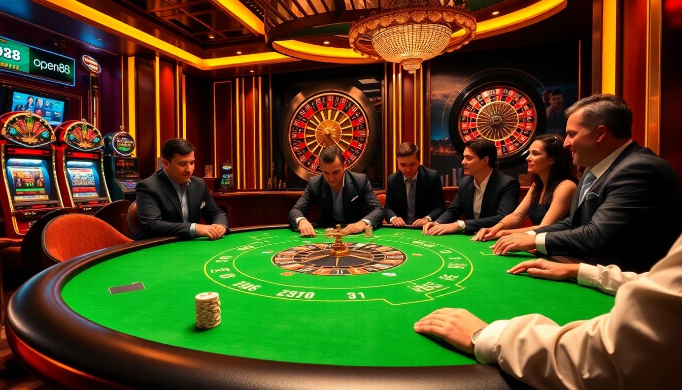 Experience the thrill of open88 at a luxurious casino with players at a poker table and vibrant slot machines.