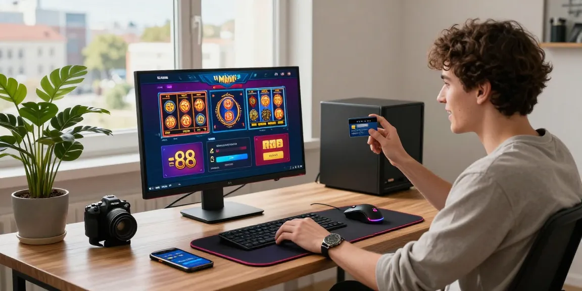 Engaged player exploring credit card casinos in a modern home office with vibrant decor and gaming accessories.