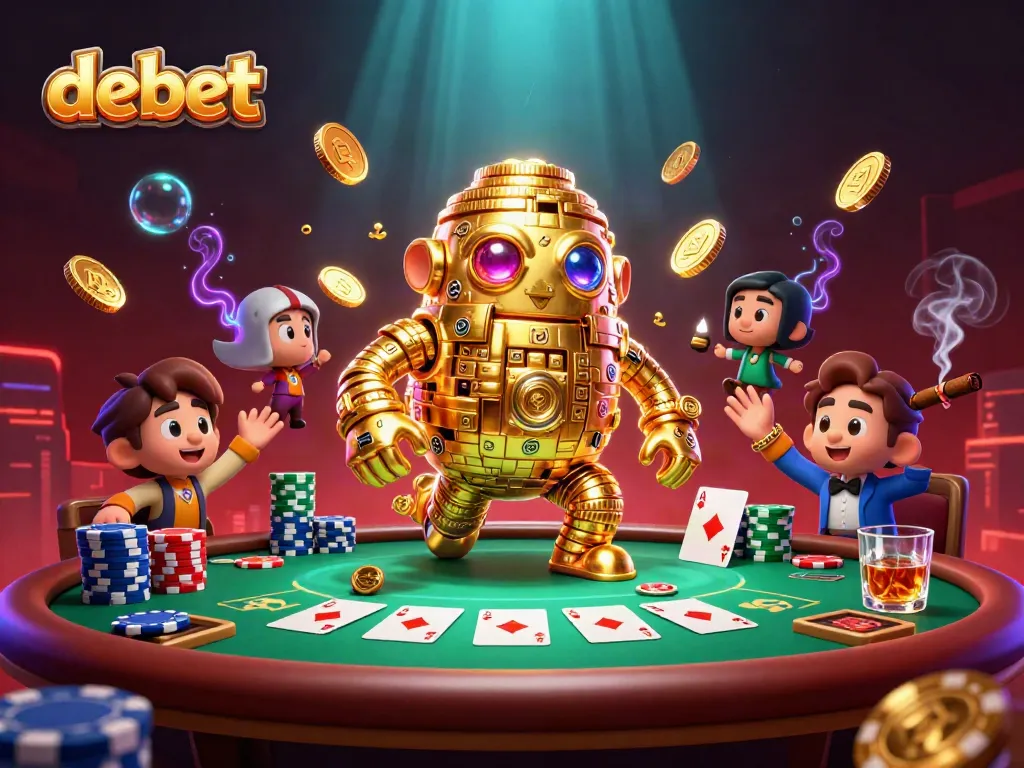Engage with Debet's dynamic gaming experience featuring a vibrant golem among poker elements.