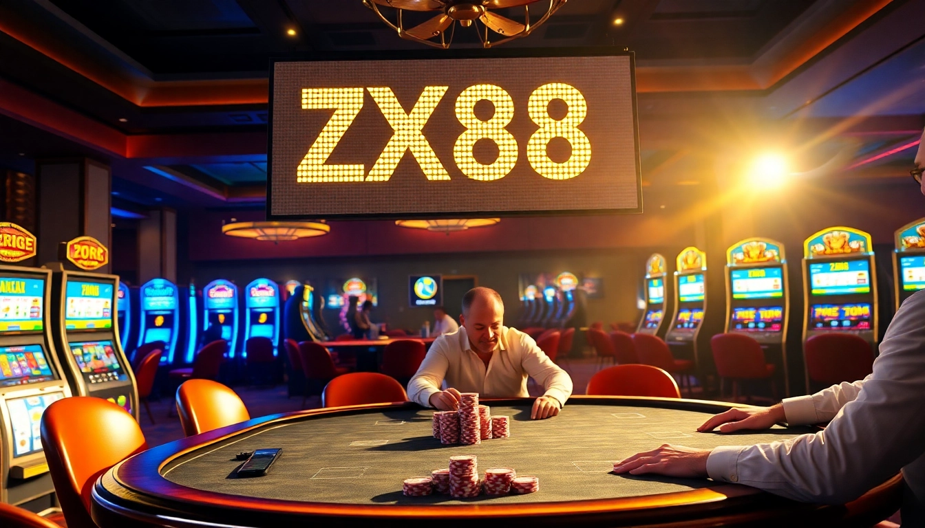 Engaged gamblers betting with excitement at ZX88 online casino slot machines.