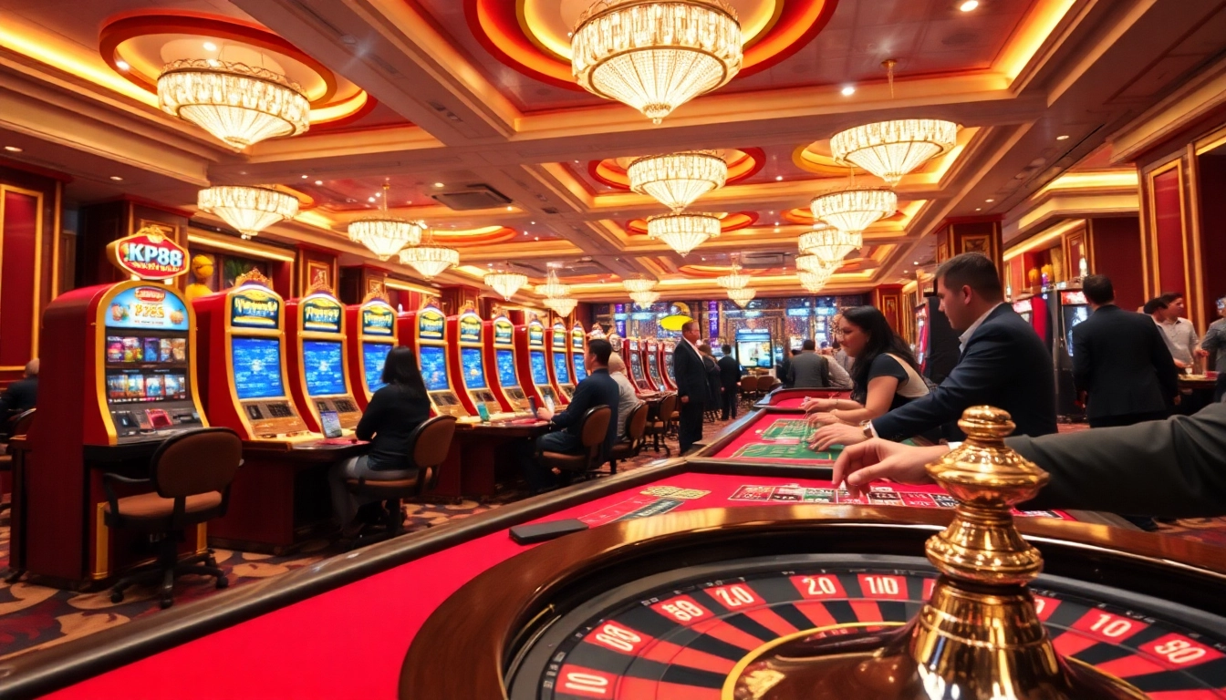 Players enjoy KP88-themed slot machines and poker in an upscale casino environment.