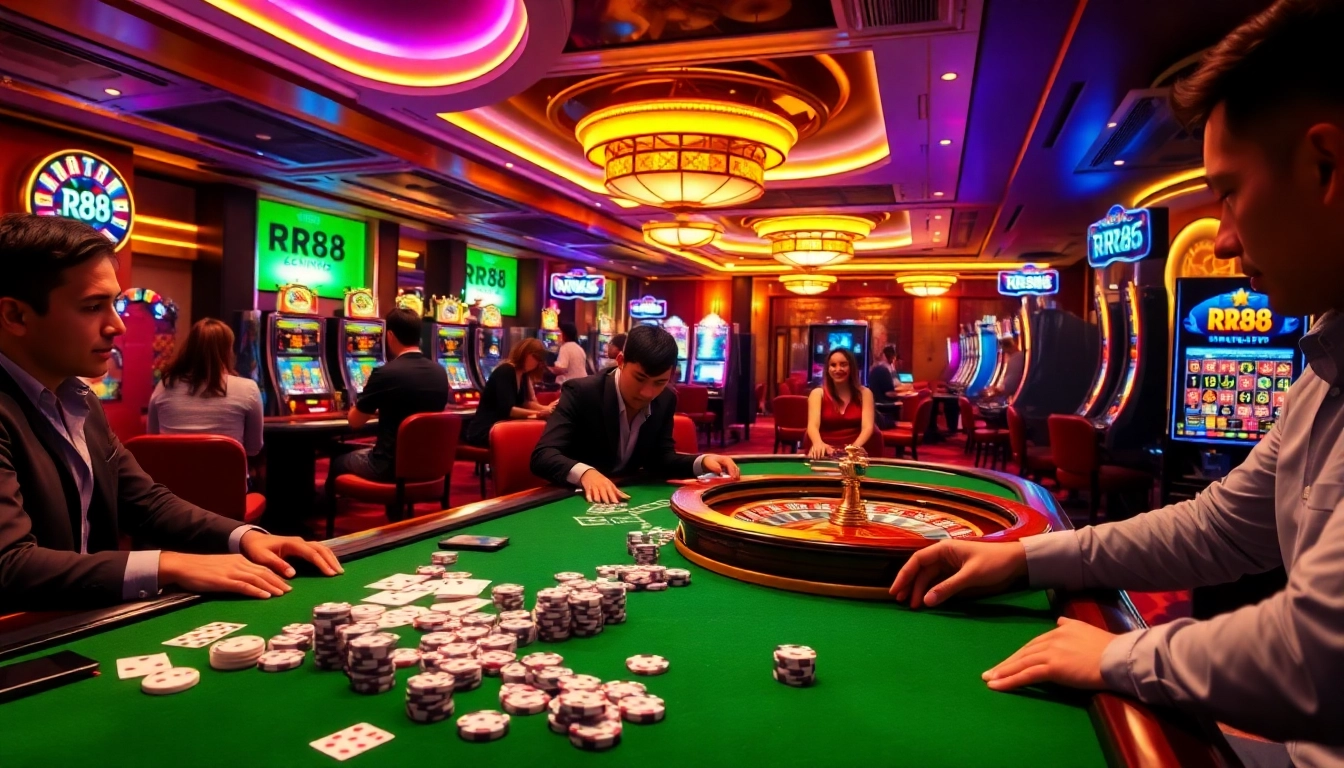 Players enjoying the thrilling atmosphere of RR88 casino games with vibrant lights and action.