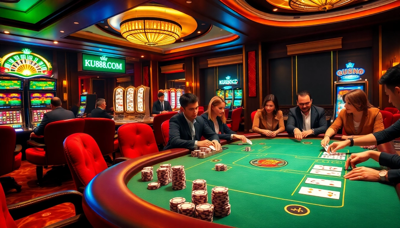 Exciting poker game scene at KU88.COM with vibrant table, chips, and focused players