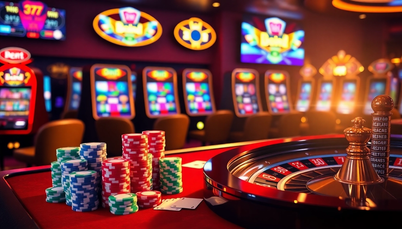 Engaging casino scene showcasing excitement at https://bem88.com with poker chips and roulette wheel.