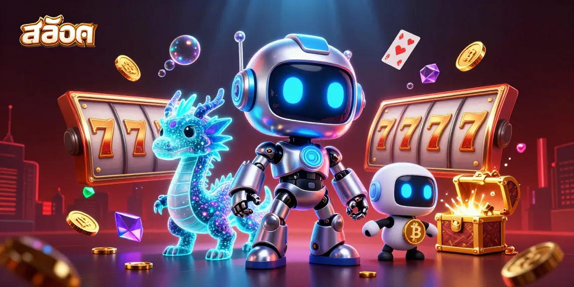 Spin the สล็อต reels with futuristic characters and vibrant casino elements bursting in excitement.