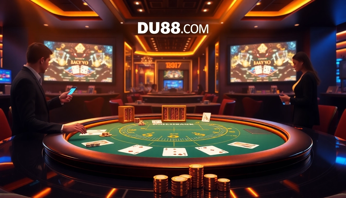 Immersive online gambling interface featuring DU88.COM logo, blackjack table, and vibrant casino elements.
