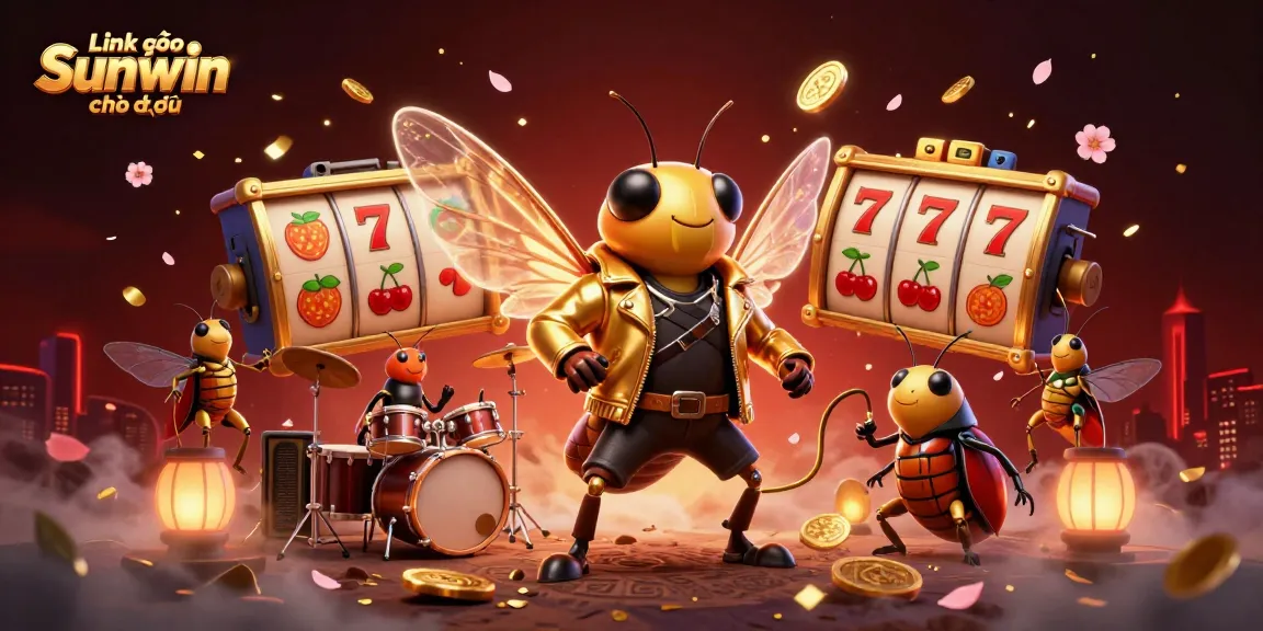 Experience the excitement with Link vào Sunwin chính thức, featuring a rock star cicada, floating slot reels, and golden confetti.
