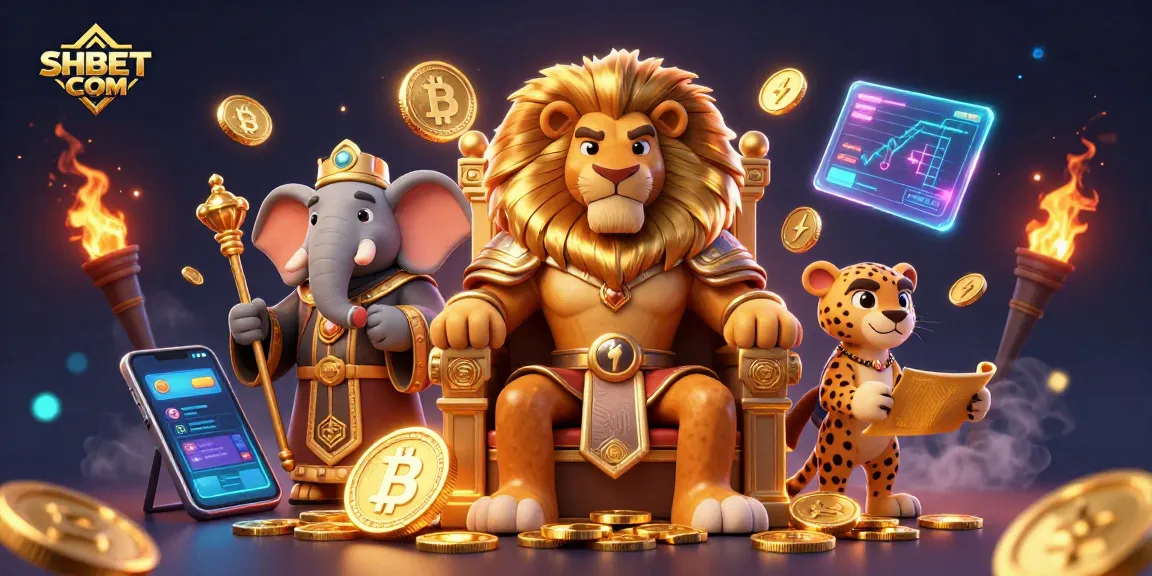 Engage in thrilling casino action with SHBET COM featuring a lion king, wise elephant, and agile cheetah.