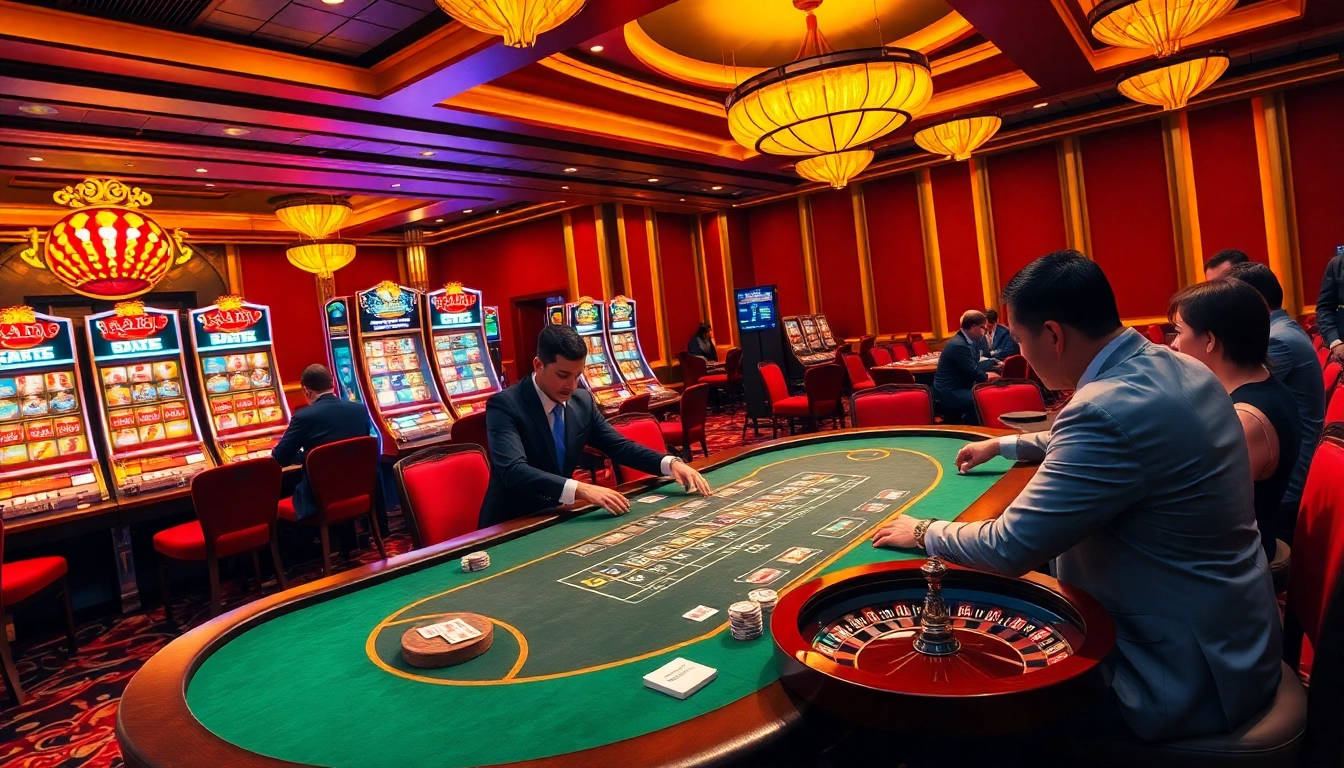 Enthusiastic players at nk 88 poker table, experiencing thrilling wins amidst colorful slot machines.