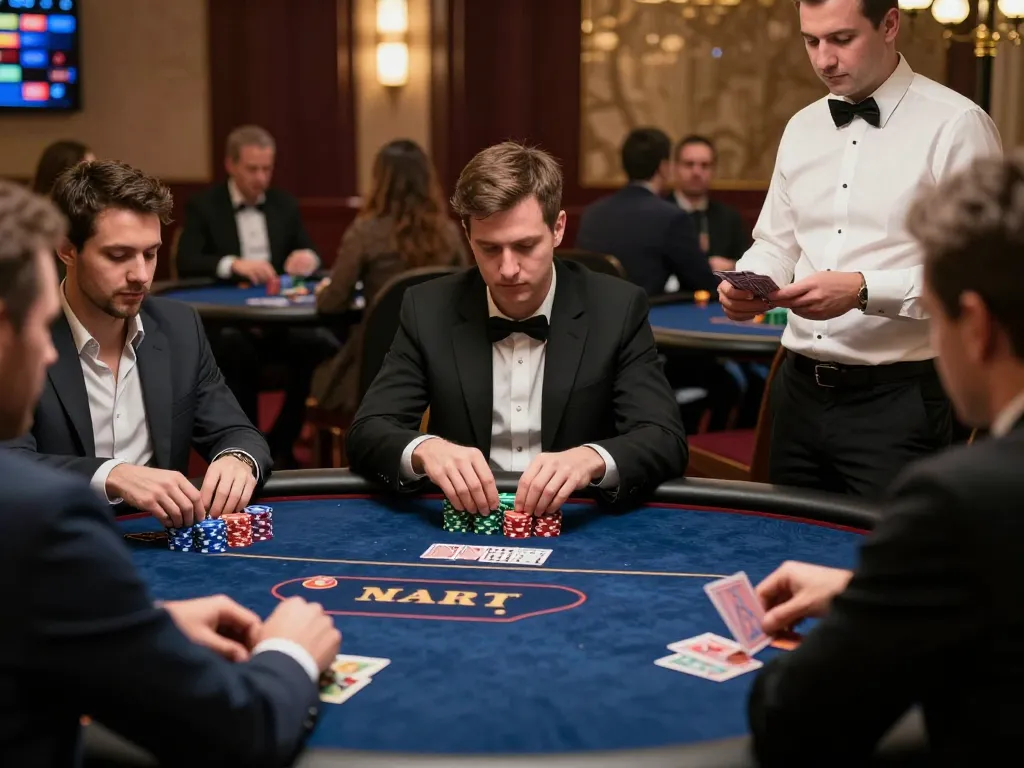 Engaged players strategizing during a high-stakes poker game at xin88, showcasing luxury and excitement.