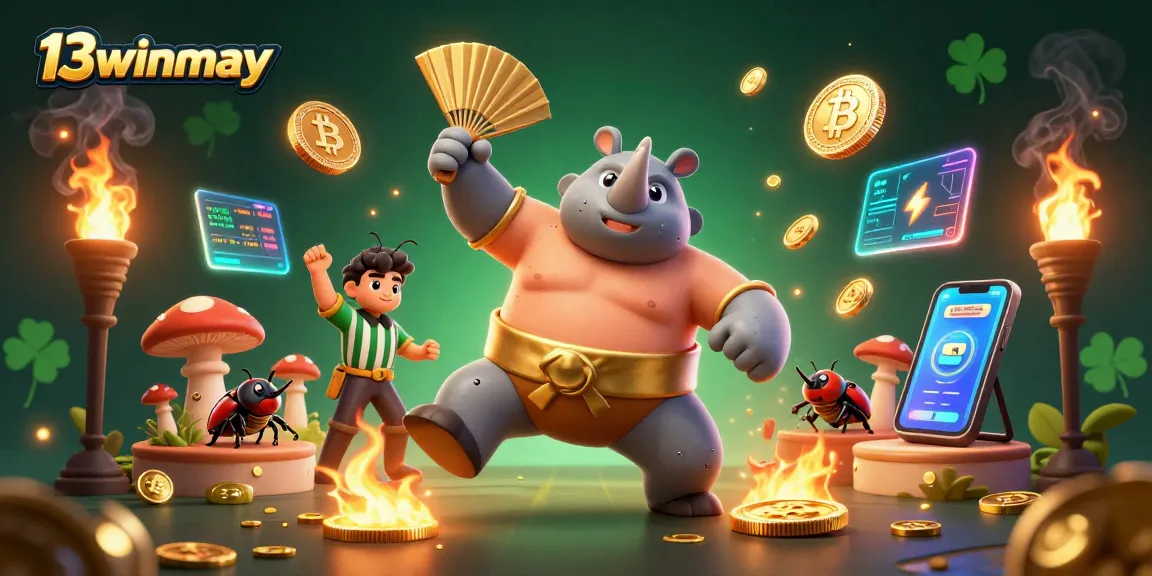 Experience thrilling gameplay at 13winmay with a vibrant 3D illustration of a champion beetle and casino elements.