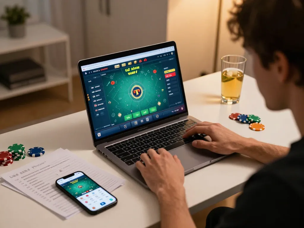 Engaging in tài xỉu online gaming from a modern home setup with strategic notes and a laptop