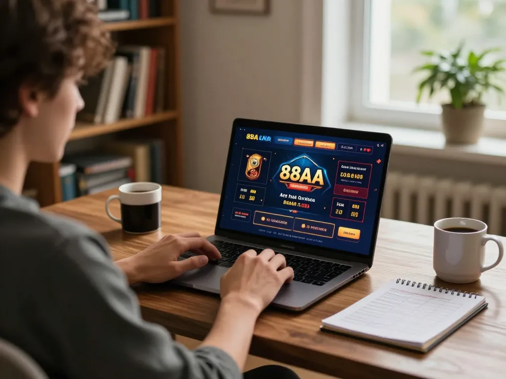 Engaged user playing at 88AA online casino on a laptop, showcasing strategic betting with personal ambiance.