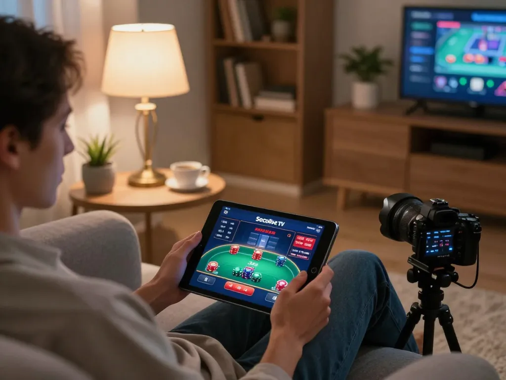 Socolive TV interface shows online poker action, person enjoying comfortable gaming experience.