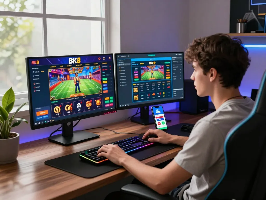 Engaged player experiencing BK8's vibrant online casino games and sports betting.