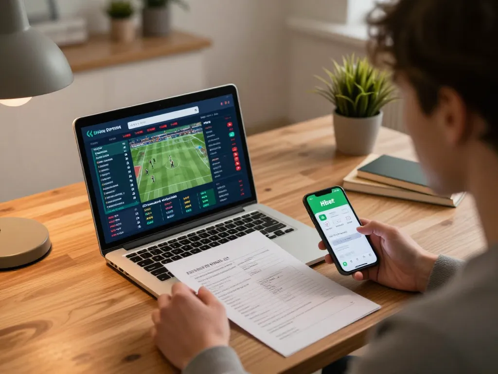 Engaging with Hbet app for live sports betting while analyzing odds at home desk.
