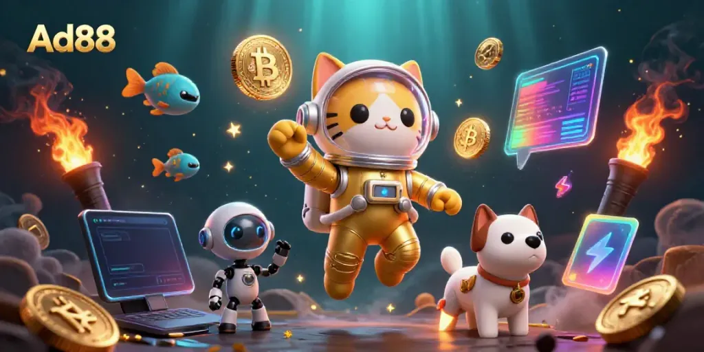Experience exciting gameplay at Ad88 with a vibrant underwater casino scene featuring cartoon astronauts and crypto elements.