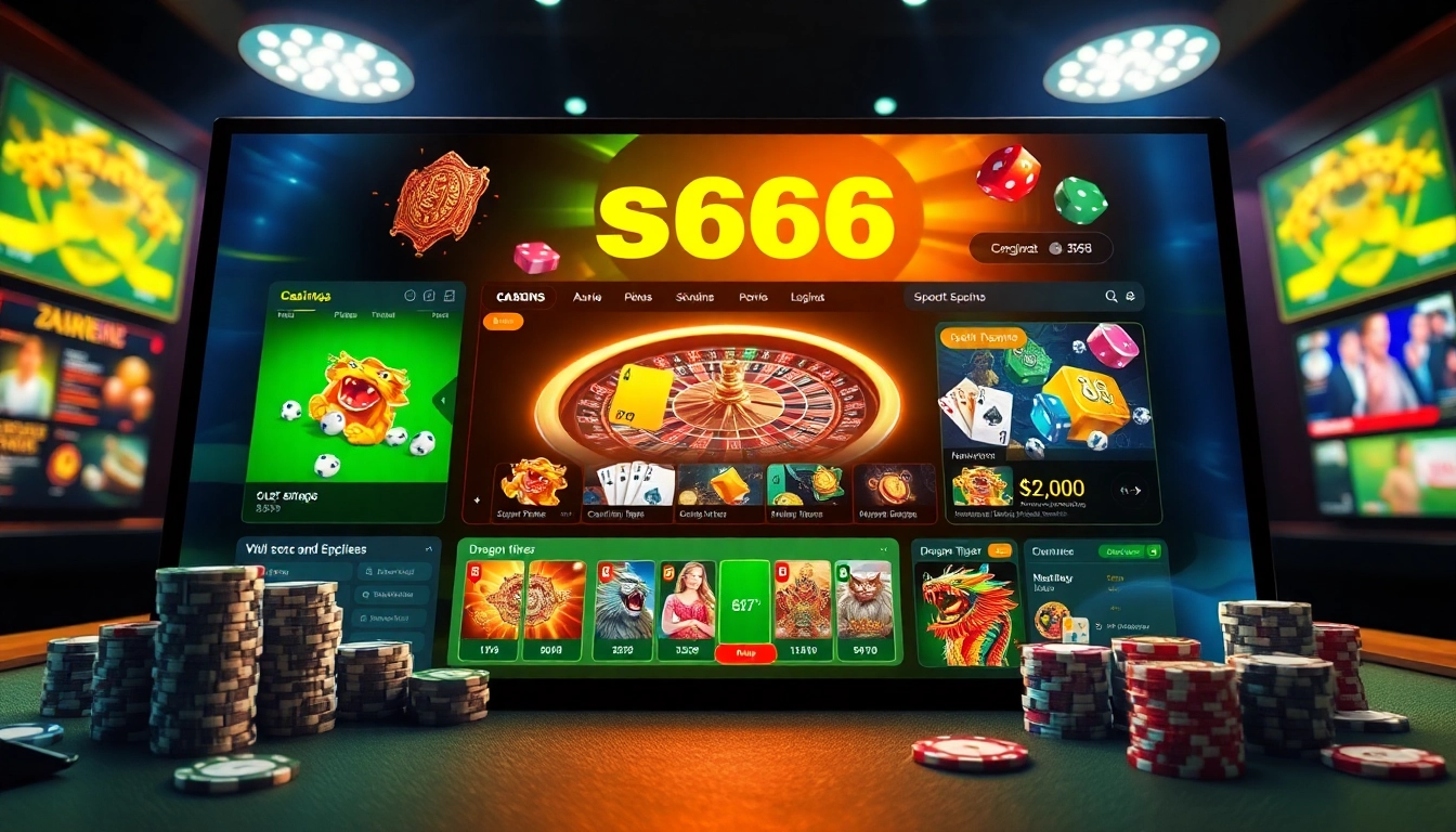An immersive digital view of the S666 online gambling platform, featuring sports betting and casino games with vibrant visuals.