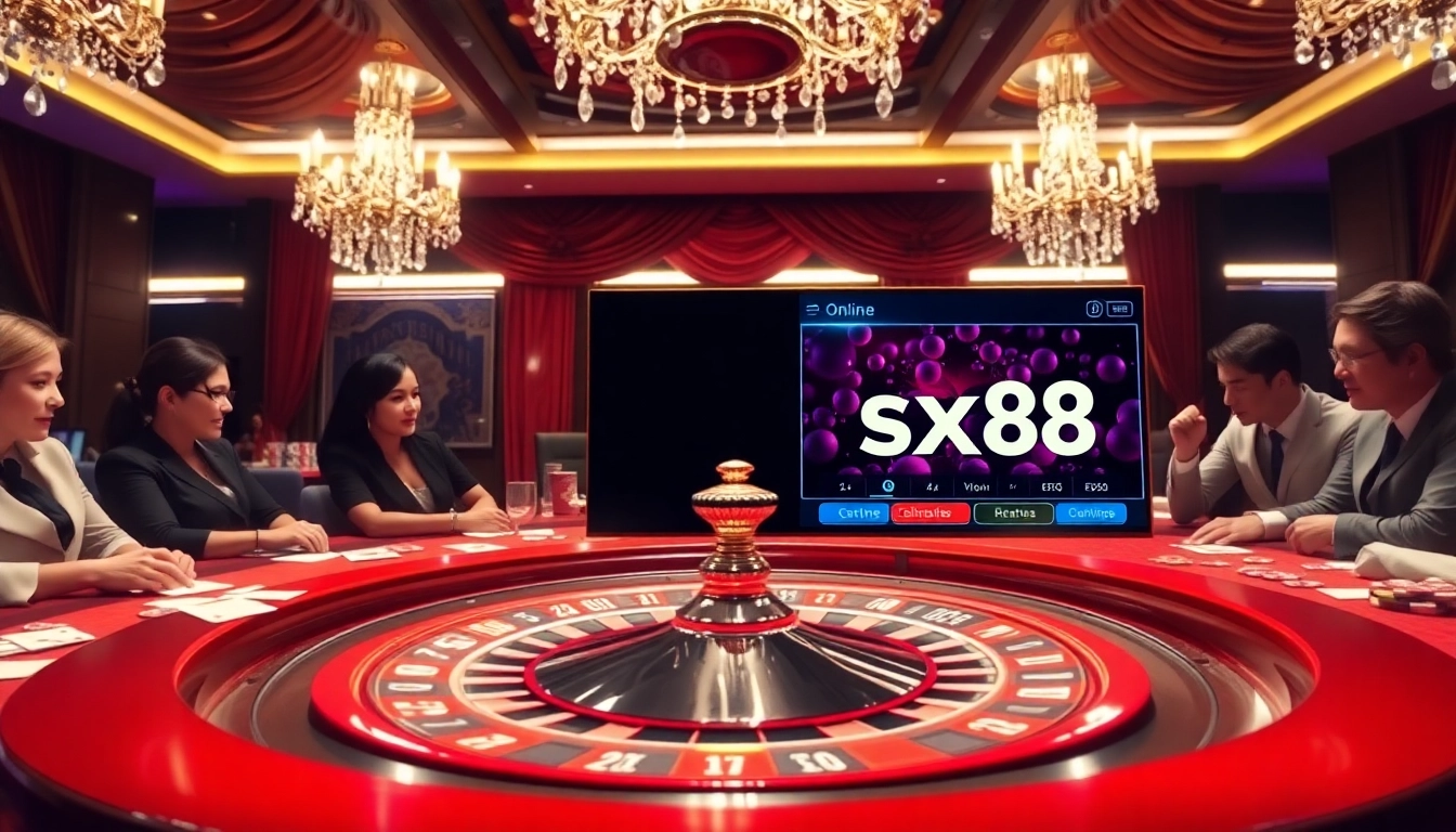 SX88 logo shines on a vibrant gaming table filled with poker chips and cards.