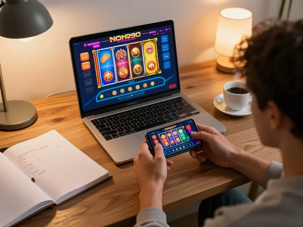 Engaging with the NOHU90 casino app on a smartphone in a cozy home gaming setup