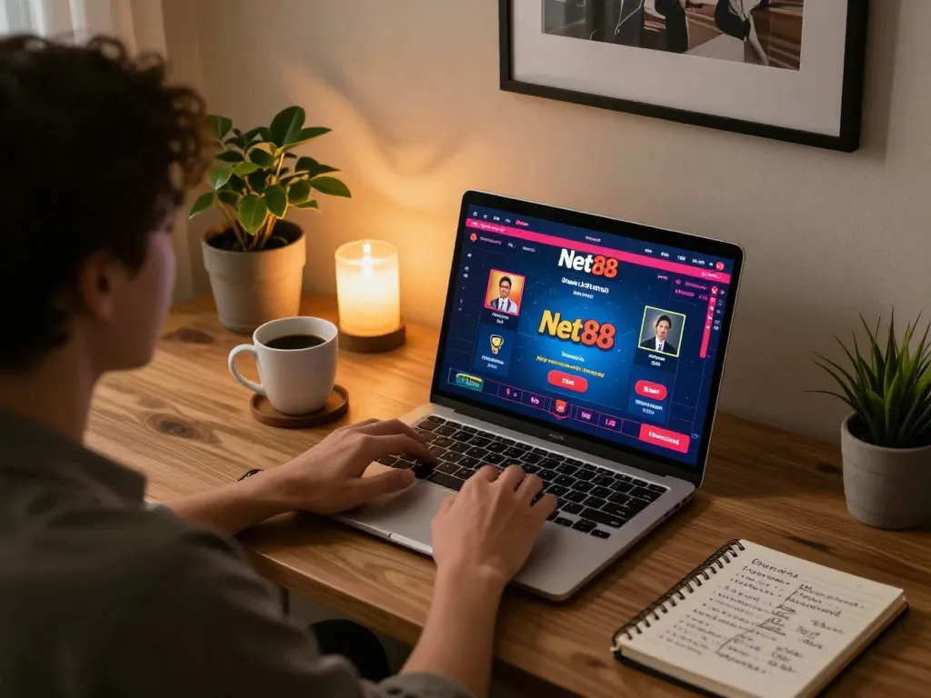 Player enjoying Net88 poker game on laptop in a cozy home office, illustrating responsible gaming.
