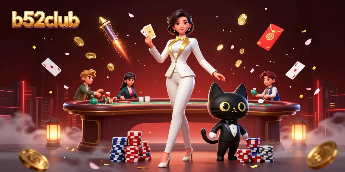 Play exciting card games at b52club with a glamorous dealer and a stylish cat.