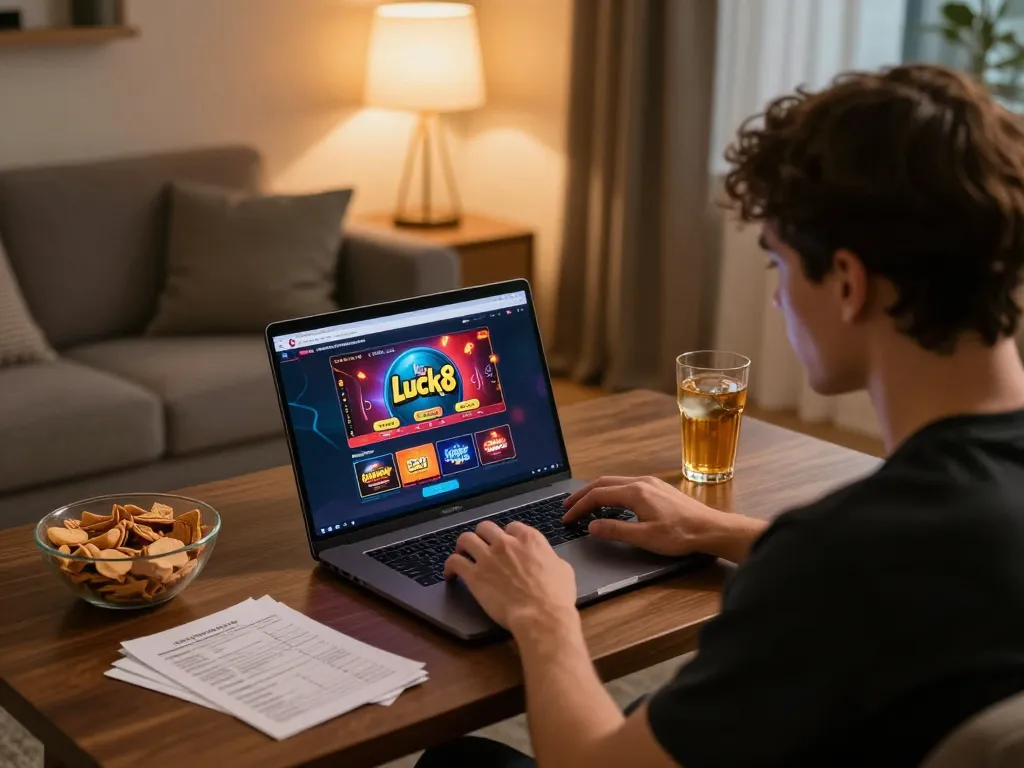 Enjoying gameplay on Luck8 casino platform with focus and strategy in a cozy setting.