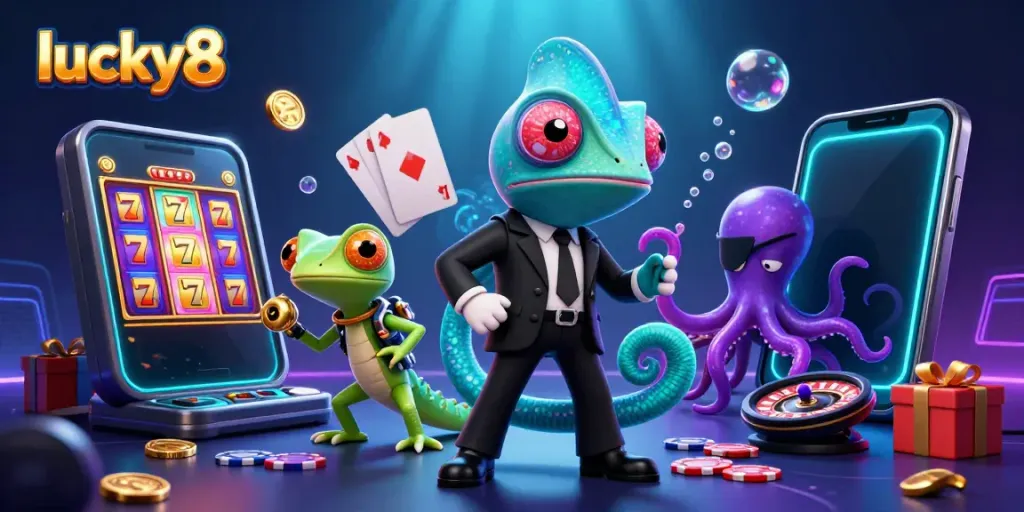 Engage with lucky8’s thrilling online gaming opportunities through an artistic depiction showing vibrant slot games and characters.