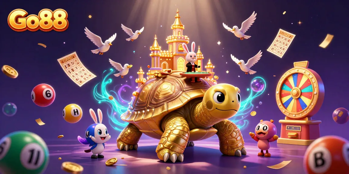 Experience the thrilling world of Go88 with a vibrant 3D digital casino scene featuring a golden tortoise and festive elements.