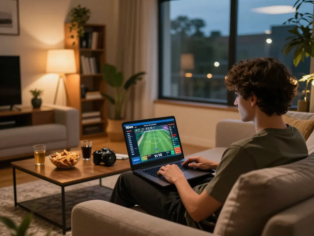 Person actively using 1gom platform for online sports betting, showcasing an engaging home gaming setup.