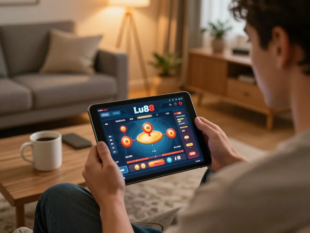 Player engaging with Lu88 uy tín online casino on tablet in cozy home setting, reflecting strategic gaming.