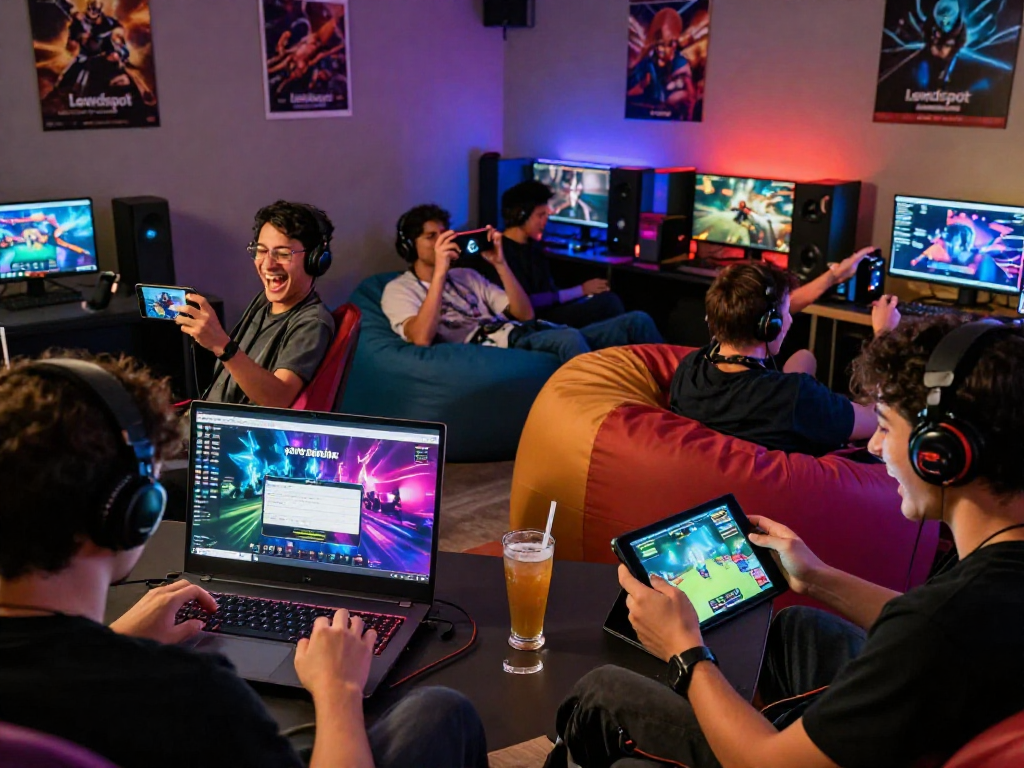 Players enjoying an engaging porn game online in a colorful gaming lounge.