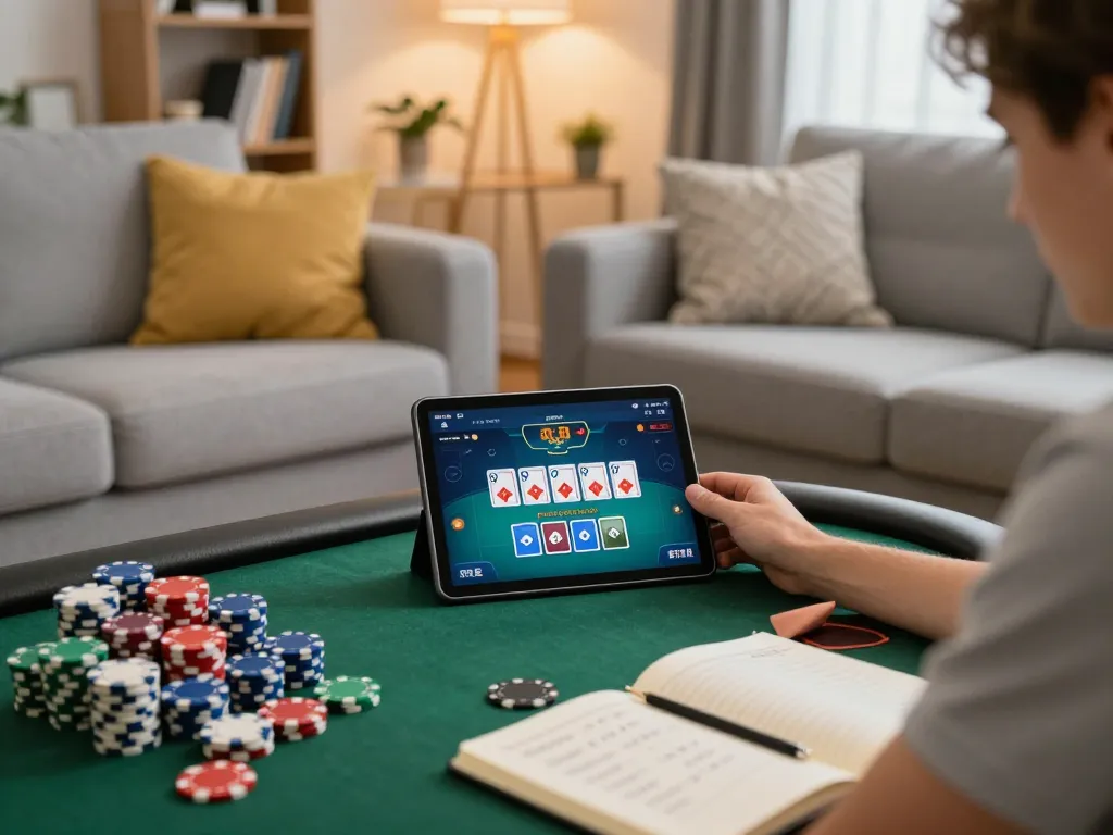 Player strategizing online poker using sv66 tablet with community cards and chips in cozy home setup.