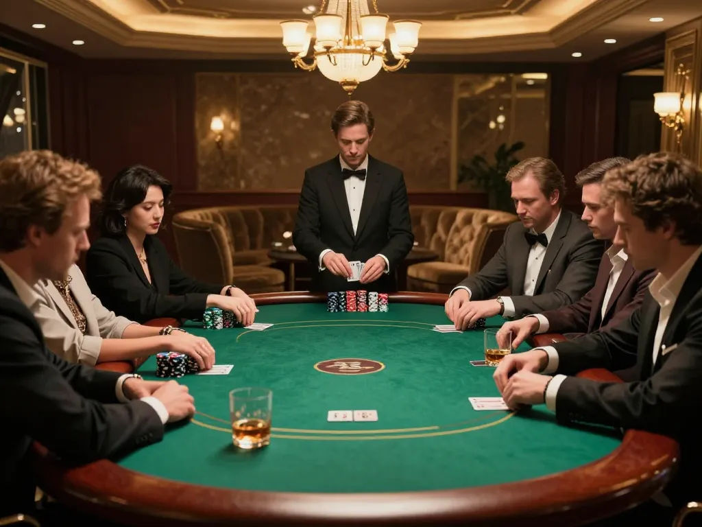 Win678 VIP poker players strategizing high-stakes bets in an elegant casino ambiance.